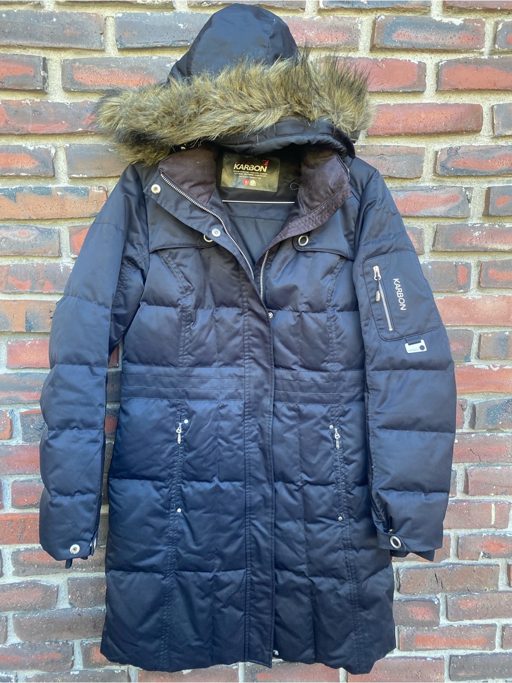 Karbon Women's 8 Goose Down Black Long Hooded Puffer Coat with Faux Fur Trim